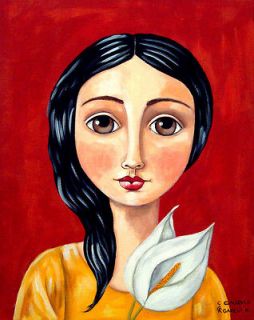 Mexican & Original Folk Art. GIRL WITH CALLA LILIES. Canvas 11 x 
