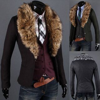 Mens Wool Faux Fur Collar Single Breasted Casual Slim Suit Coat Jacket 