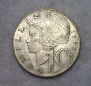 AUSTRIA 10 SCHILLING 1959 ABOUT UNCIRCULATED SILVER COIN