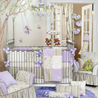 Baby Girls 5pc Light Purple Flower Fantasy w/ Green Stripes Crib 