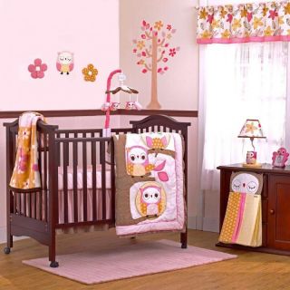 8pc Pink Orange and Brown Tree Leaf Moon Owls Nursery Crib Baby Girl 