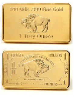   Oz .999 24k 100 Mills Fine Gold Clad Buffalo Art Collection Bar P3005