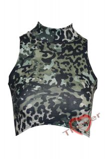 Womens Ladies Camouflage Print Turtle Polo Cowl Neck Cropped Vest Tee 