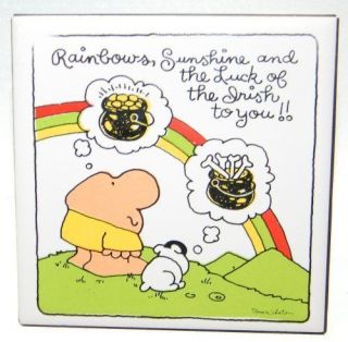 Vintage 1981 Ziggy Fuzz dog Rainbow Luck Irish porcelain tile metal 