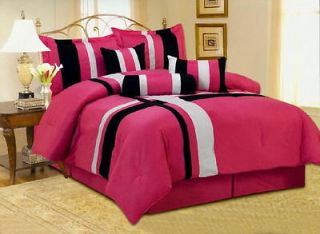 NEW PINK BLACK WHITE COMFORTER SET PATCHWORK MICRO FUR BED IN A BAG