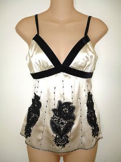 bebe Cream Sateen Silk Top/Cami with Black Velvet, Bead and Lace 