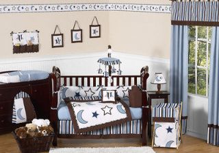 CELESTIAL BLUE AND WHITE STAR MOON THEMED 9p BABY BOY CRIB BEDDING 
