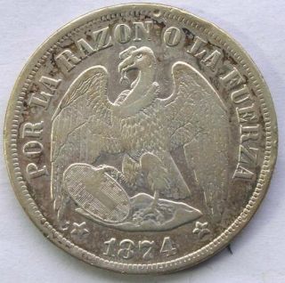 Chile 1874 Eagle UN Peso Silver Coin