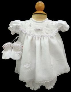 NWT Willbeth White Sheer 3pc Dress Set Newborn Ribbon w/ Booties Baby 