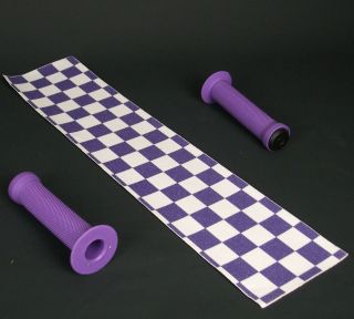 Scooter Handle Bar Grips Purple + Grip Tape Check White Purple