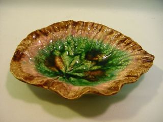 ORIGINAL 1880s GSH ETRUSCAN Majolica Begonia Leaf Dish   Brown Tip