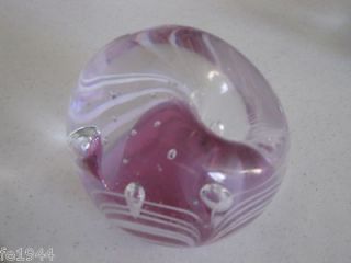   Weight Art Glass Round Clear With White Swirls & Purple. Holds Ink Pin