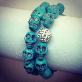  Bling Hoops Turquoise Skull Swarovski Bracelet Skulls Blue BBW Charm 