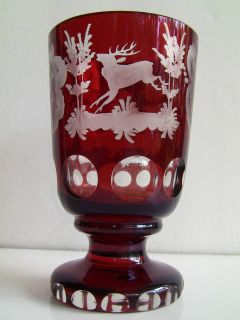 EGERMANN Bohemian Ruby Glass Goblet/Vase Bird & Deer