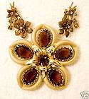 vintage jewelry set pin brooch earrings brown glass crystal gold tone 