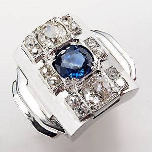   Blue Sapphire & Old European Diamond Ring Solid Platinum Jewelry