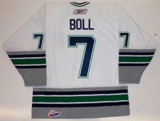 JARED BOLL PLYMOUTH WHALERS RBK WHITE JERSEY BLUE JACKETS