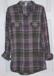 Hang Ten~Men Gray/Purple/Off White Plaid Flannel L/Sleeve Shirt~Size 