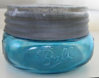 Blue BALL MASON WIDEMOUTH SQUATTY HALF PINT FRUIT JAR & VTG BALL ZINC 