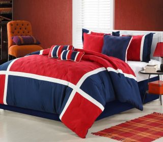 Quincy Red, White & Blue 8 Piece Comforter Bed In A Bag Set NEW