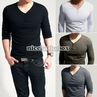 Mens Slim Fits Lycra Deep Long Sleeves T Shirts Tunic Button Tops/Tee 