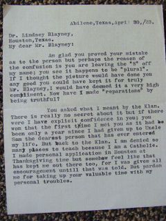 Vintage 1923 Letter Regarding Ku Klux Klan to Lindsey Blayney