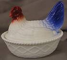 Airbrushed Red & Blue Covered Chicken Nest Dish   Westmoreland Glass 