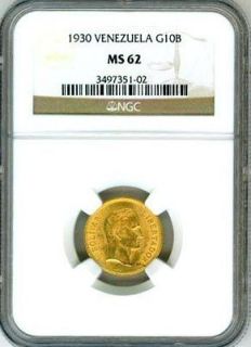 1930 GOLD VENEZUELA 10 BOLIVARES COIN NGC MINT STATE 62