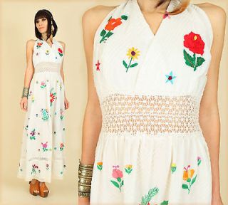 VtG 70s MEXICAN Embroidered FLORAL Crochet LACE Hippie Wedding Maxi 