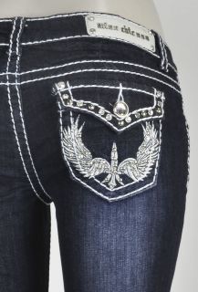 Miss Chic Bootcut Jeans w White Stitching Jewel Designs Details SZ 1 