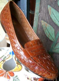 VTG 80s Bass 8 N Brown Leather Woven Loafer Basketweave Chestnut 