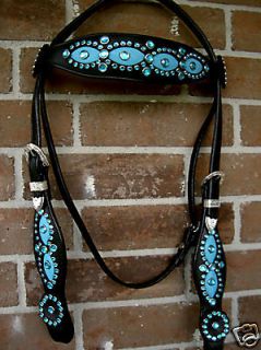 HORSE BRIDLE WESTERN LEATHER HEADSTALL CRYSTALS TORQUOISE BLACK TACK 