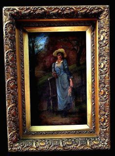Lady in Blue Oil Painting Original Frame Antique