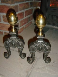 ANTIQUE ANDIRONS / FIREDOGS WITH BRASS TOPS