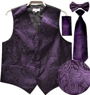New mens tuxedo vest with neck tie, bow tie & hankie set paisley dark 