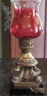 Antique Marble Brass & Cranberry Glass Figural Dolphin Candle Holder 