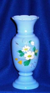 Antique Blue Opalescence Bristol Glass Hand Blown Vase & Hand Painted 
