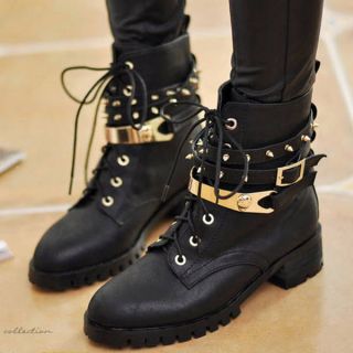   Studded Punk Chunky Heels Buckle Strap Goth Military Ankle Boot 5 8