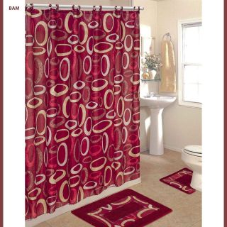 BURGUNDY BATH SET 2 Bath Mat/Rugs+Fabri​c Shower Curtain+Fabric 