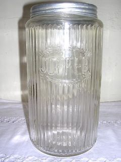 Old Vintage Clear Depression Glass Coffee Canister Jar with Aluminum 