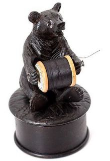 Cute Antique Hand Carved Black Forest Bear Thread Caddy & Button Box