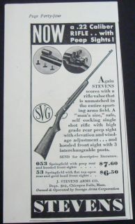 1934 STEVENS SHOT RIFLE .22 MODEL HUNTING PEEP SIGHTS AD ARMS