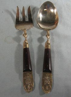   Brass and Wood Salad Spoon & Fork Set w/ Siam Siddhartha Buddha Handle