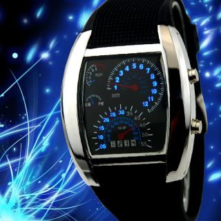   Blue & White Flash LED Watch BRAND NEW Gift Sports Car Meter Dial Men