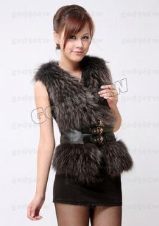 100% New Real Genuine Raccoon Fur Vest With Sheep Leather Belt 