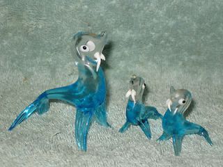 Lot of 3 Art Glass Blue Walrus Family with Tusks Figurines 3 1.75 
