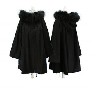 Wool Cashmere Blend Poncho Cape Coat, fox fur trim, With Hoodie, S 