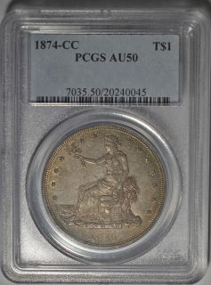1874 CC $1 SILVER TRADE DOLLAR ~ PCGS AU50 NICE TOUGH DATE ORIGINAL