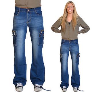 New Ladies Womens Combat Cargo Boyfriend Dark Blue Faded Denim Jeans 