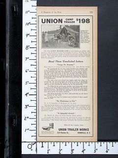 1923 UNION Automobile CAMP TRAILER magazine Ad camping vacation travel 